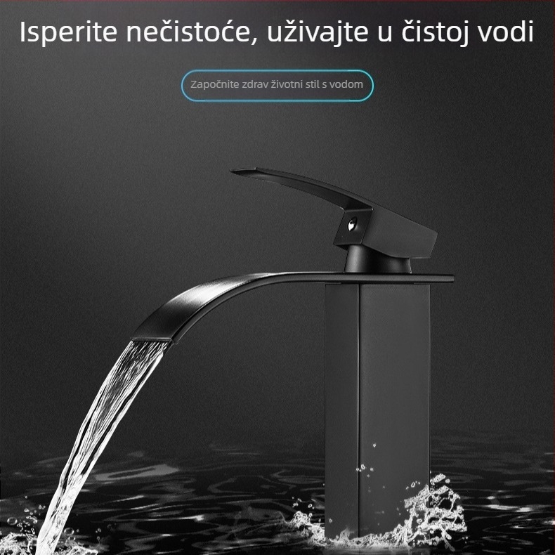 Crna slavina za umivaonik, s toplom i hladnom vodom, mlaz poput kaskade, nordijski stil