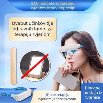 Naočale za svjetlosnu terapiju koje se nose na glavi; niskointenzivno plavo/bijelo svjetlo; ugrađena baterija 300–500 mAh; trajanje 1–3 h; težina 65 g; dimenzije 185×165×42 mm; funkcija tajmera