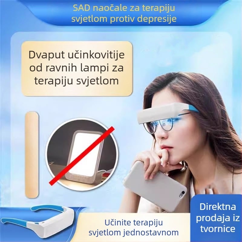 Naočale za svjetlosnu terapiju koje se nose na glavi; niskointenzivno plavo/bijelo svjetlo; ugrađena baterija 300–500 mAh; trajanje 1–3 h; težina 65 g; dimenzije 185×165×42 mm; funkcija tajmera
