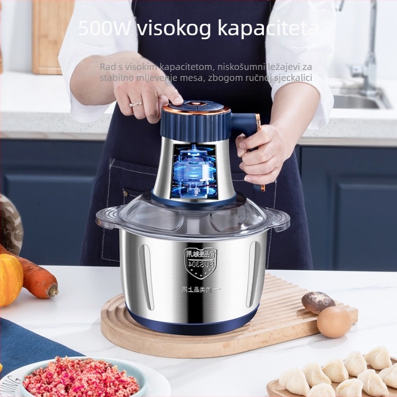 Kućni meso-mlin s kapacitetom 5–10 L, napajanje 111–240 V, brzina 10 000–19 999 o/min, 4 oštrice s dvostrukim miješanjem, kućište i posuda od nehrđajućeg čelika