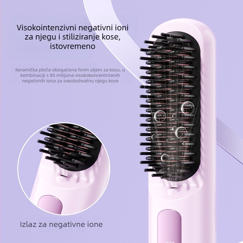 Bežični ionizirajući češalj za ravnanje i kovrčanje kose, keramički grijani element, podesiva temperatura, prijenosan