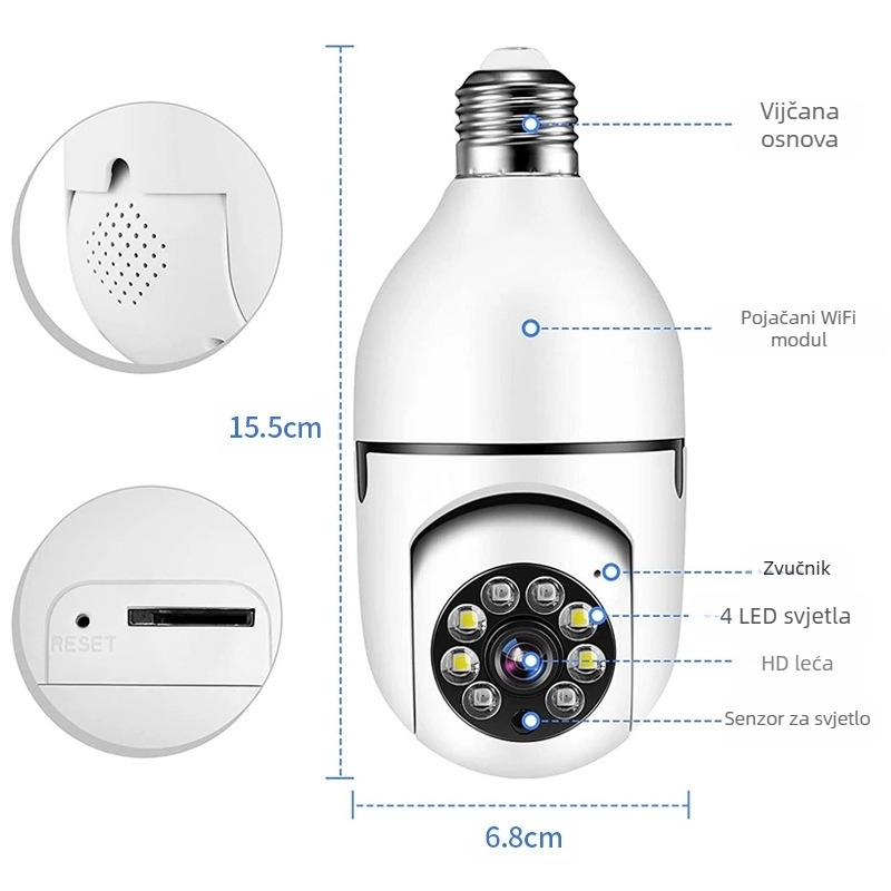 Bežična kamera za nadzor tip žarulja, unutarnja upotreba, 360° rotacija, 720p HD, E27 držač lampe, noćni vid, podržava aplikaciju