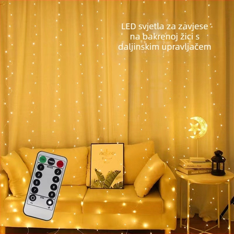 LED zavjesa svjetla 3x3 bakrena žica USB, daljinsko upravljanje s osam funkcija, vodopadni svjetlosni niz, romantična dekoracija