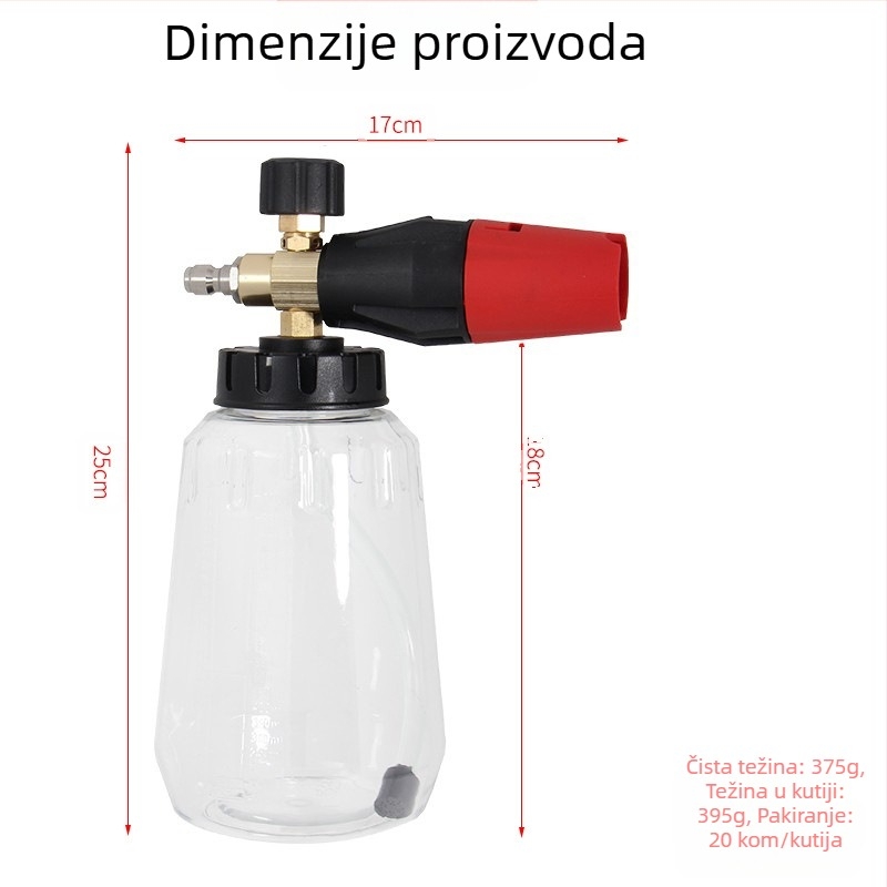 Pistol za visoki tlak pjene s aluminijskom glavom i aluminijskim držalom, tlak 120 bar, domet prskanja 10 m, težina 0,4 kg