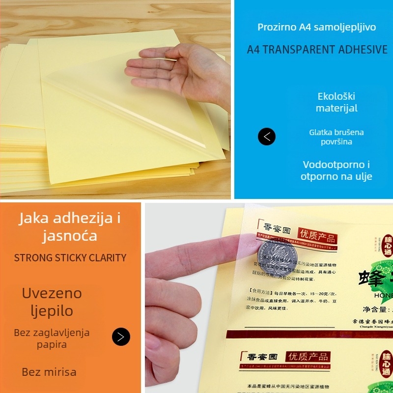 Prozirni PVC samoljepljivi papir za etikete s UV premazom, vodootporan i otporan na ogrebotine, kompatibilan s ispisom tintom i laserskim ispisom