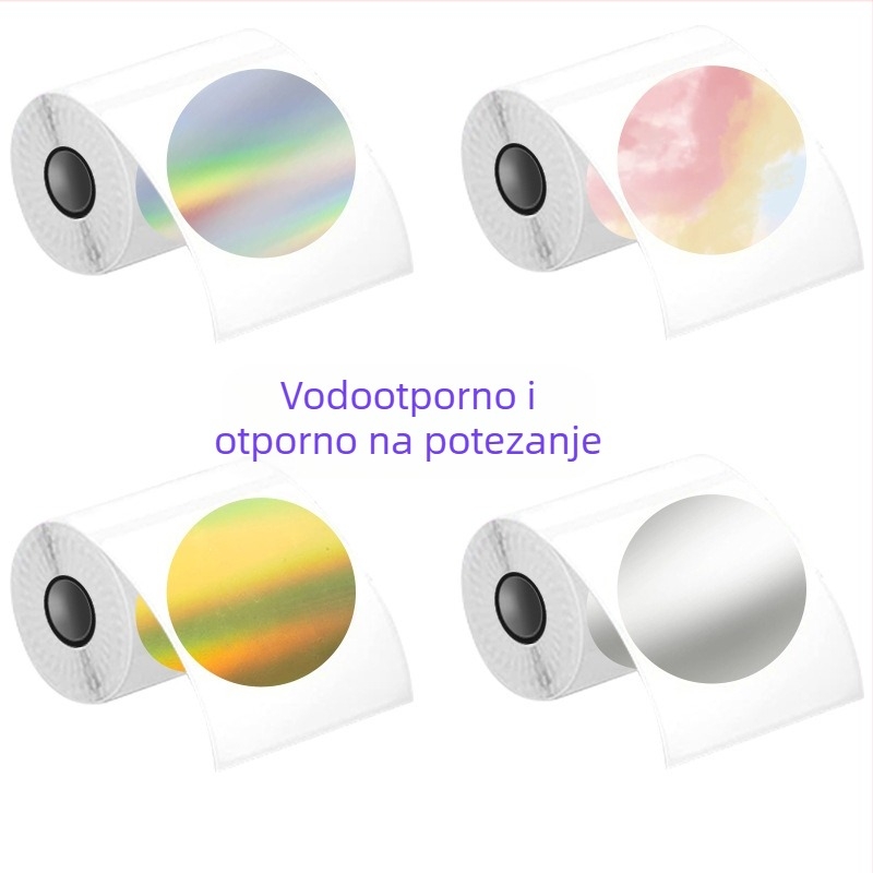 Etiketa s trostranom zaštitom, samoljepljiva termo-sintetička naljepnica; Oblik: kvadrat ili pravokutnik; Lijepilo: vodeno; Temperaturna otpornost: 80°C; Debljina: 0,08 mm