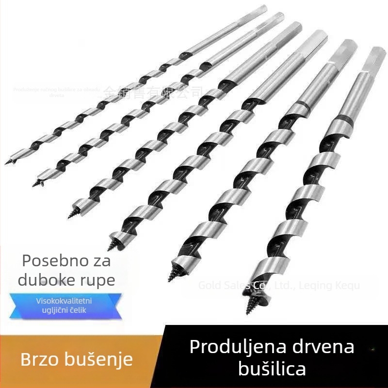 Kejie stolarsko bušilno svrdlo s produženim ravnim drškom i šesterokutnim nastavkom za duboke rupe u drvetu, duljina 230–460 mm, za otvore brava na vratima