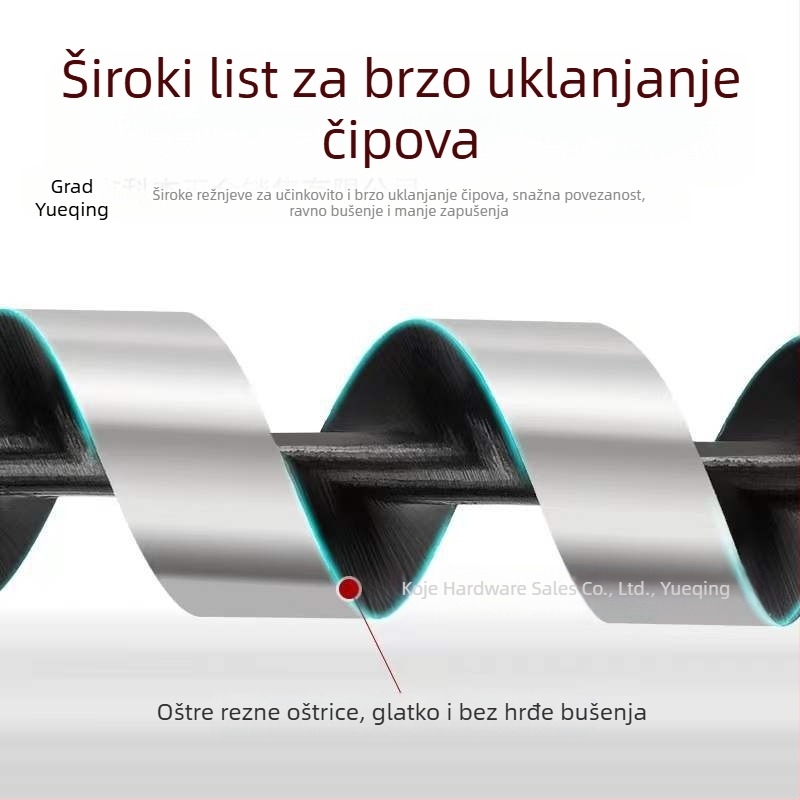 Kejie stolarsko bušilno svrdlo s produženim ravnim drškom i šesterokutnim nastavkom za duboke rupe u drvetu, duljina 230–460 mm, za otvore brava na vratima
