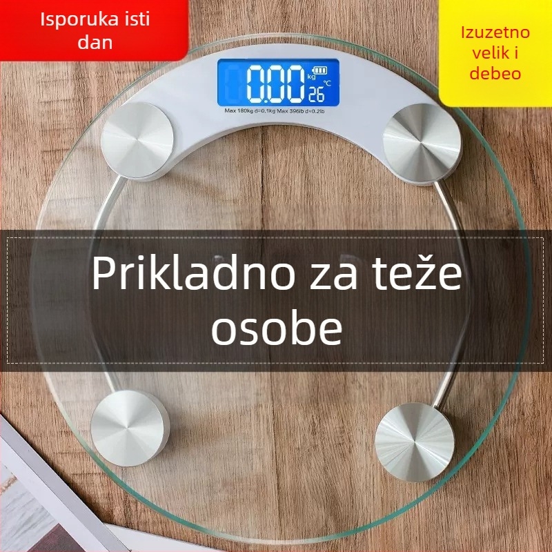 Digitalna vaga za tijelo s kaljenim staklom, kružna prozirna ploča, kapacitet 180 kg, za kućnu uporabu
