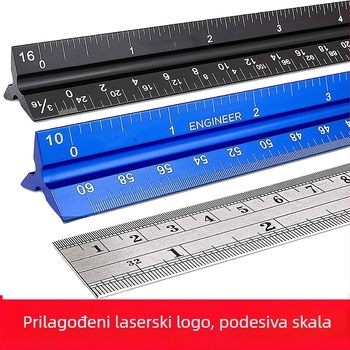 Set od tri ravnala s trokutnim mjernim ravnalom od aluminijske legure, laserski gravirano, za učenike osnovne škole