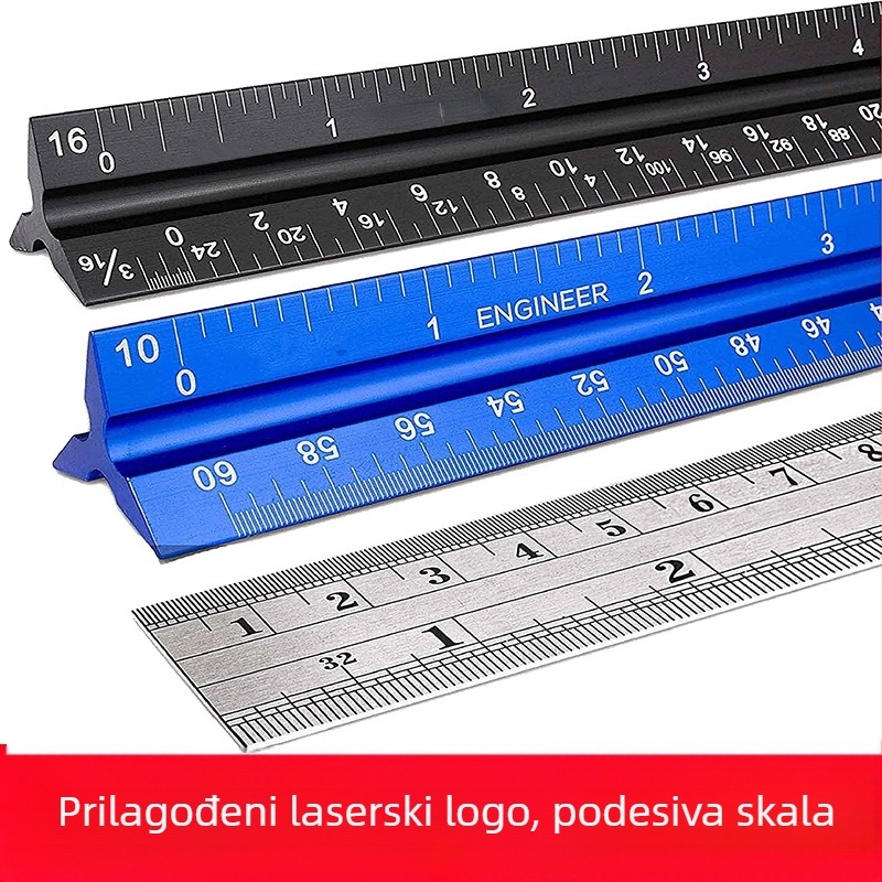 Set od tri ravnala s trokutnim mjernim ravnalom od aluminijske legure, laserski gravirano, za učenike osnovne škole