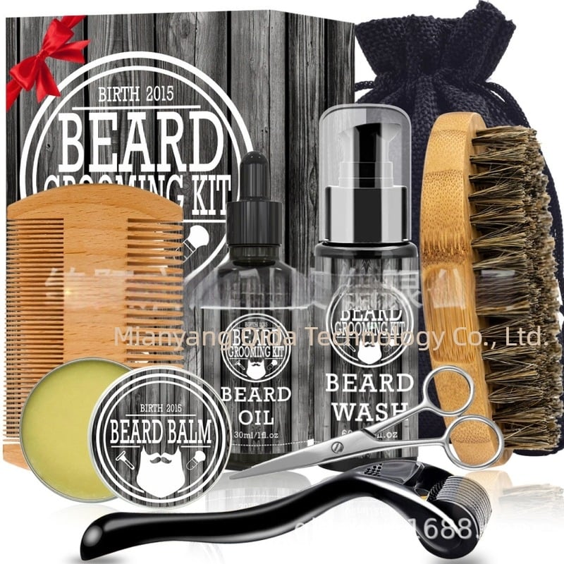 Set za njegu brade od mahagonija - 8-dijelni komplet, drveni češalj, četkica za bradu i ulje za bradu