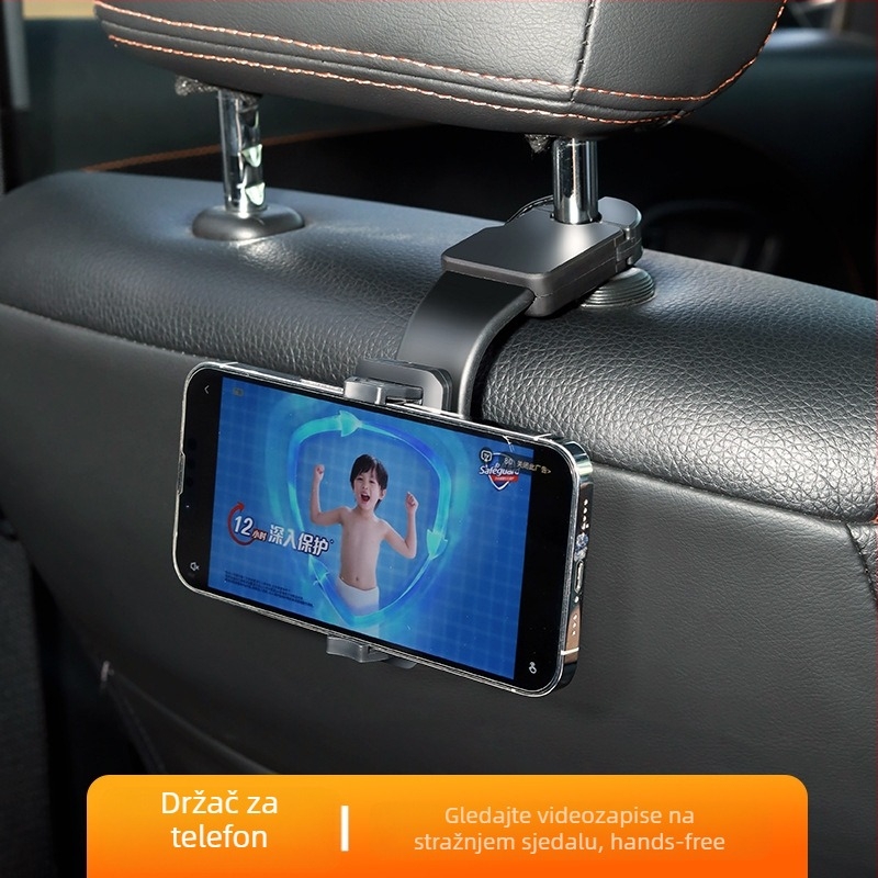 Držač za telefon za stražnju glavu naslona automobila, tip kopče, 360° rotacija, teleskopski, snap-on ugradnja, univerzalna kompatibilnost