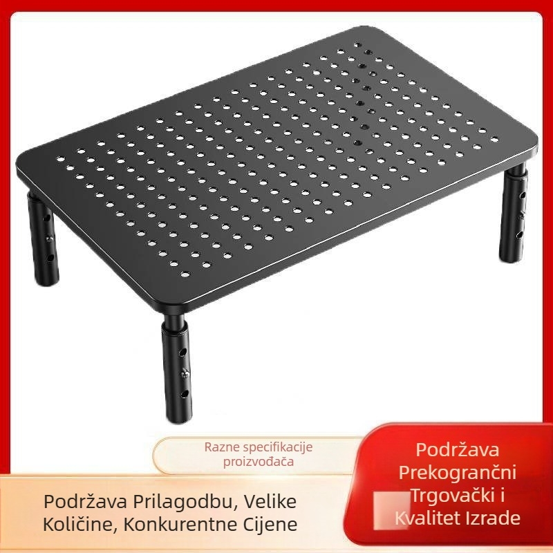 Stalak za podizanje monitora s podesivom visinom, konstrukcija od karbonskog čelika i plastike, polica za pohranu prijenosnog računala, prilagodljivo logo