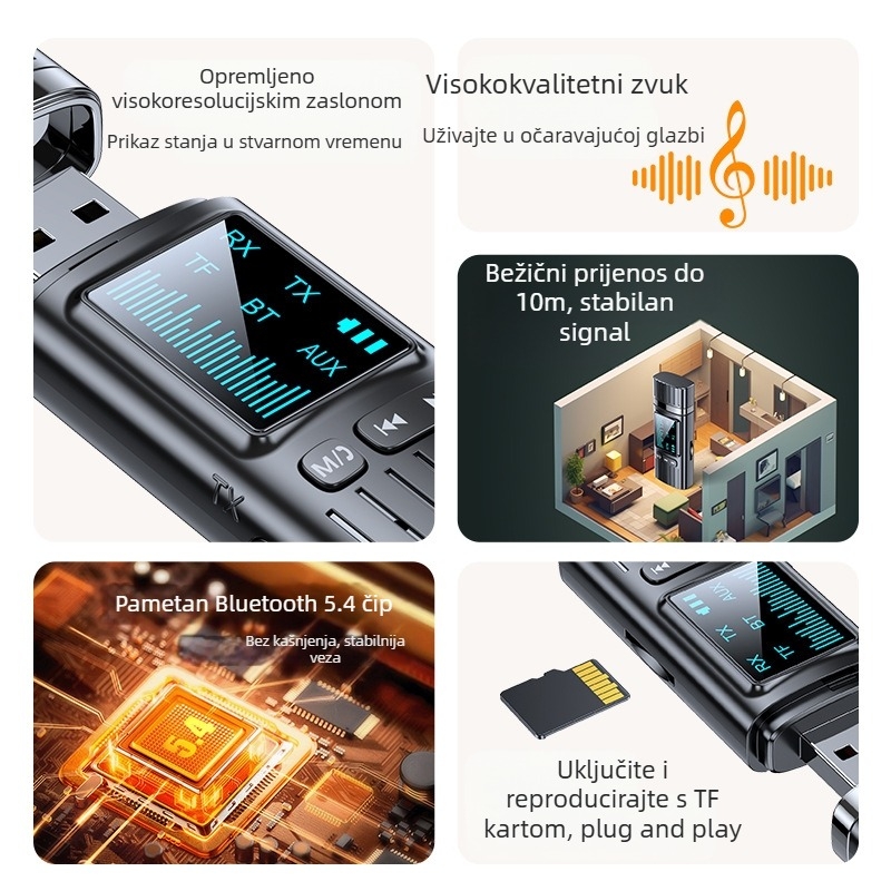 GT72 Bluetooth 5.4 2-u-1 prijemnik-emitator s digitalnim zaslonom i 3,5 mm AUX