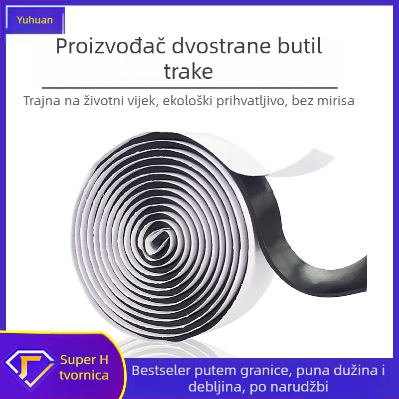 Dvostrana butilna traka za krovišta i sunčane prostorije, samoljepljiva vodootporna traka; jezgro butil, debljina 2–3 mm, duljina 20 m, viskoznost visoka, radna temperatura 0–100°C, pogodna za krovišta i metalne pločice