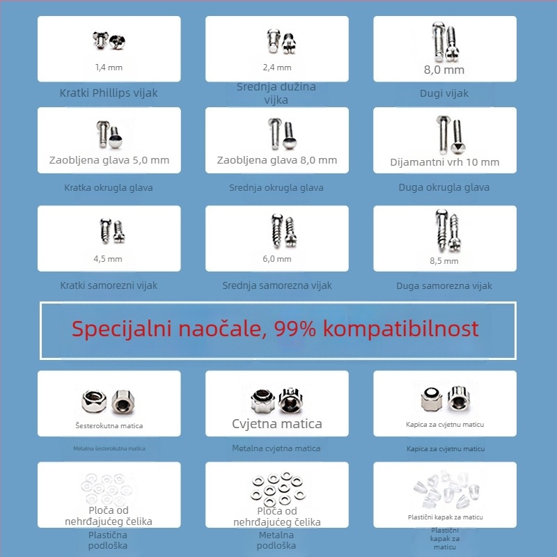 Set za popravak vijaka za naočale, nehrđajući čelik, skup vijaka, model Screw, za učenje, ured i dodaci