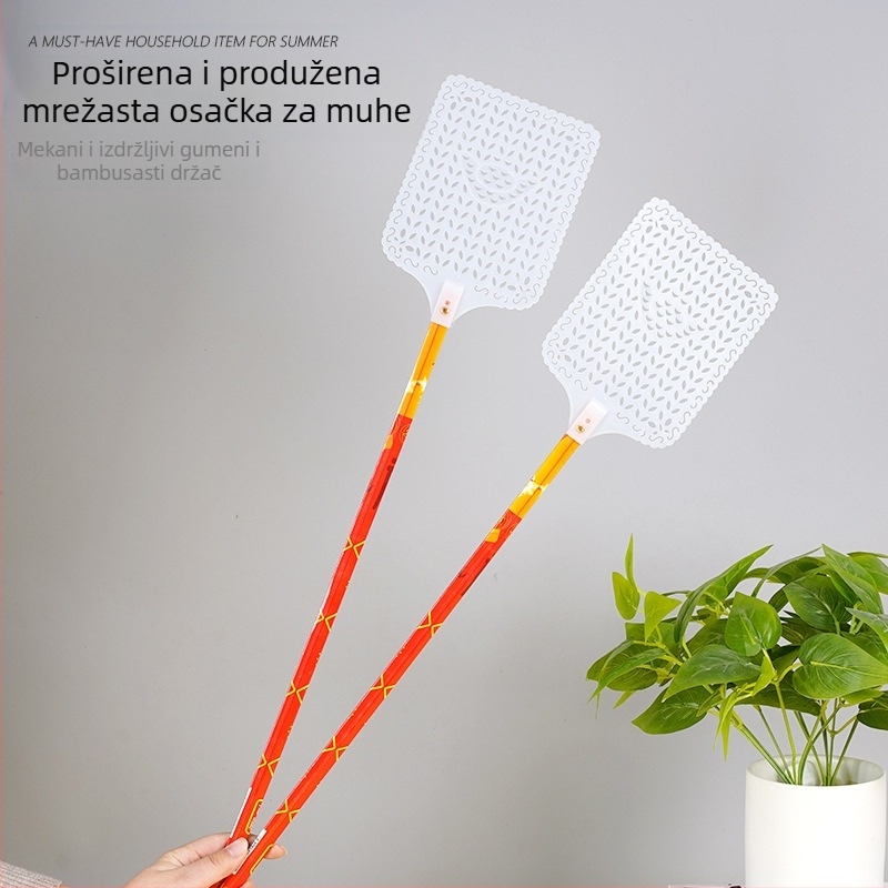 Lopatica za muhe s dugim drškom od bambusa, jednostavan stil za kućnu uporabu; cilj: muhe, žohari, komarci; netoksičan.