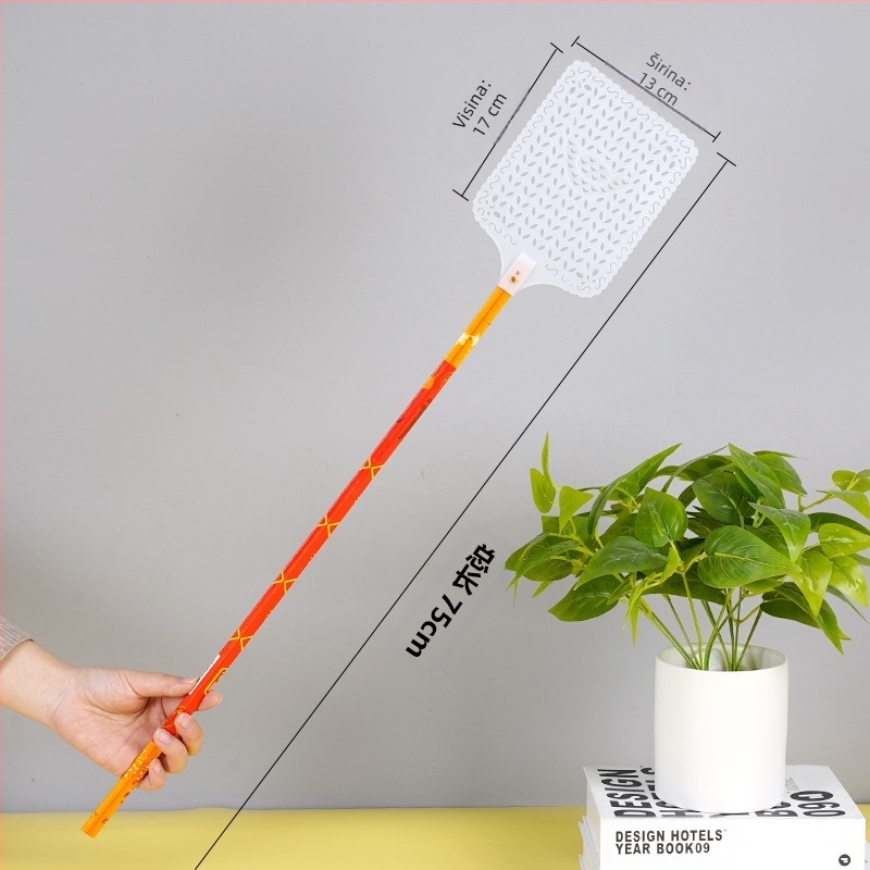 Lopatica za muhe s dugim drškom od bambusa, jednostavan stil za kućnu uporabu; cilj: muhe, žohari, komarci; netoksičan.