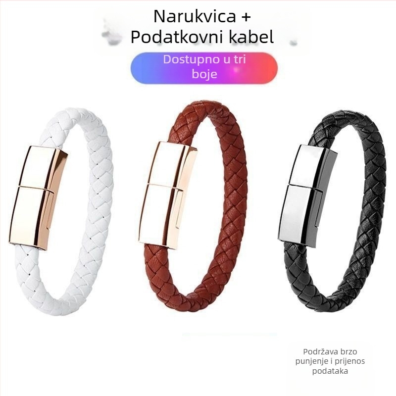 Pleteni PU kožni narukvica kabel za podatke s Type-C, Micro USB i Lightning konektorima — USB kabel za punjenje, do 60W