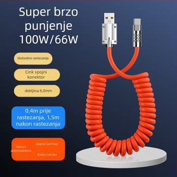 Automobilski kabel za podatke i punjenje s teleskopskim opružnim dizajnom, 100W brzo punjenje, sučelja Lightning i USB-C, s jednim konektorom, PVC kabel