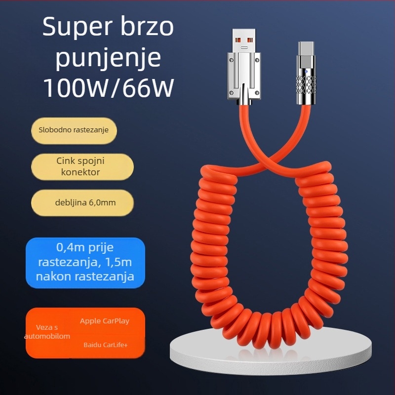Automobilski kabel za podatke i punjenje s teleskopskim opružnim dizajnom, 100W brzo punjenje, sučelja Lightning i USB-C, s jednim konektorom, PVC kabel