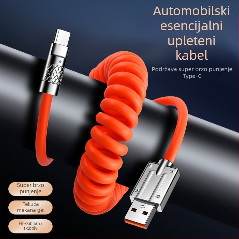 Automobilski kabel za podatke i punjenje s teleskopskim opružnim dizajnom, 100W brzo punjenje, sučelja Lightning i USB-C, s jednim konektorom, PVC kabel