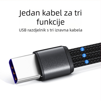 USB-C kabel za brzo punjenje s tri izlaza, prepleteni, 66W 5A, duljina 1-2 m, priključci: Lightning, Micro USB, USB-C
