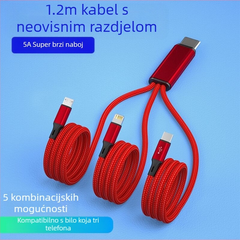 USB-C kabel za brzo punjenje s tri izlaza, prepleteni, 66W 5A, duljina 1-2 m, priključci: Lightning, Micro USB, USB-C