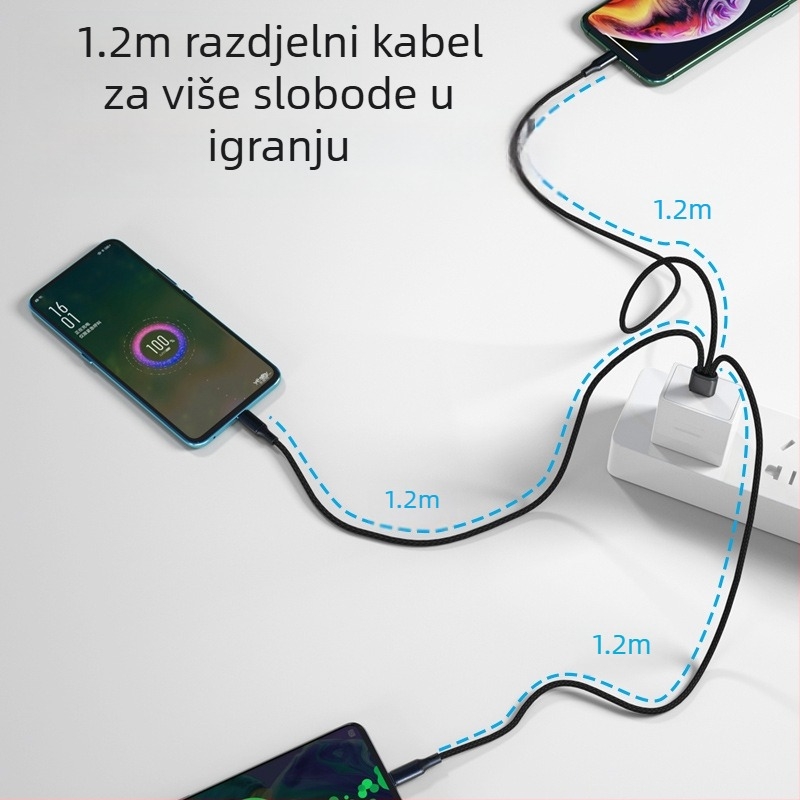 USB-C kabel za brzo punjenje s tri izlaza, prepleteni, 66W 5A, duljina 1-2 m, priključci: Lightning, Micro USB, USB-C