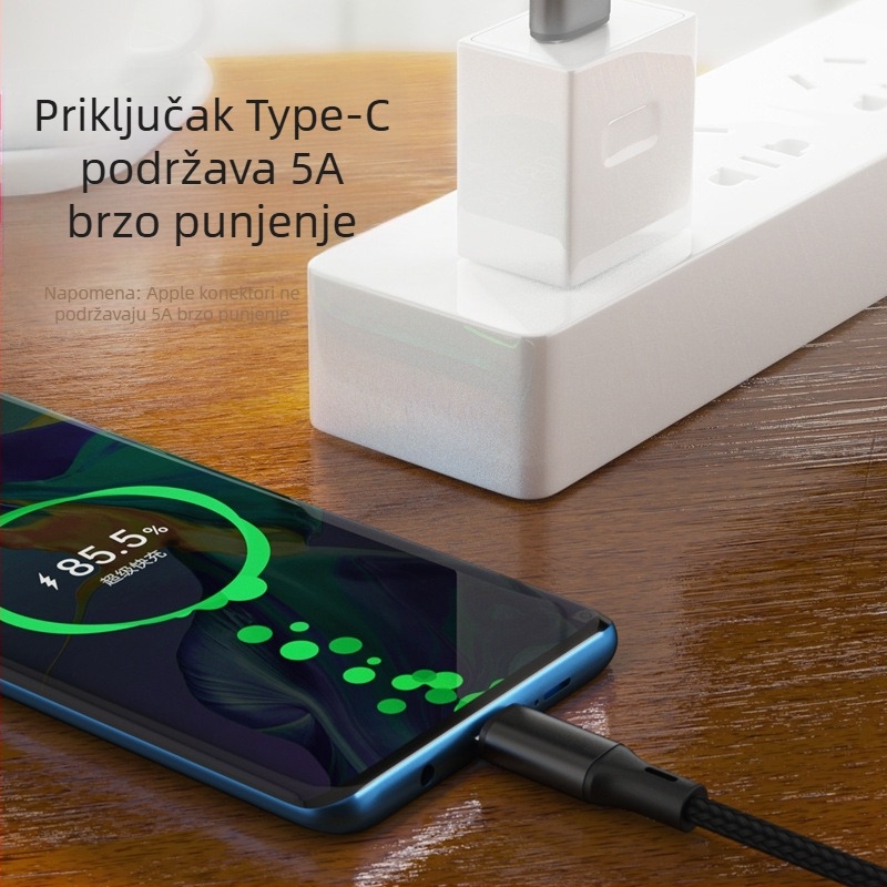 USB-C kabel za brzo punjenje s tri izlaza, prepleteni, 66W 5A, duljina 1-2 m, priključci: Lightning, Micro USB, USB-C