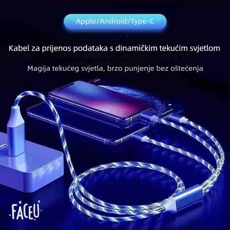 LED punjački kabel sa prekidačem, 3-u-1 USB-C/Micro USB/Lightning, kompatibilan s Androidom, Huawei i Apple, do 66W