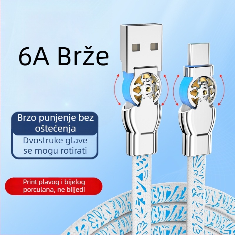 Type-C kabel za brzo punjenje i prijenos podataka s dvostrukim okretno-laktejskim spojem, uzorak plavo-bijelog porculana, za auto, kompatibilan s Android i Apple uređajima