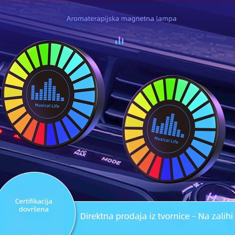 Aromaterapijski difuzor za automobilsku ventilaciju s magnetskom LED ambijentalnom rasvjetom i osvjetljenjem koje reagira na glazbu