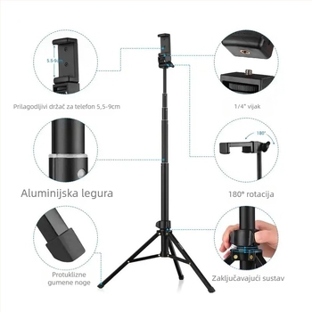 Stativ za pod za mobitel i tablet s rasvjetom za fotografiju (Materijal: aluminijska legura; Nosivost: do 2 kg; PTZ tip: trodimenzionalni gimbal; Broj sekcija: 5; Visina prilagodljiva)