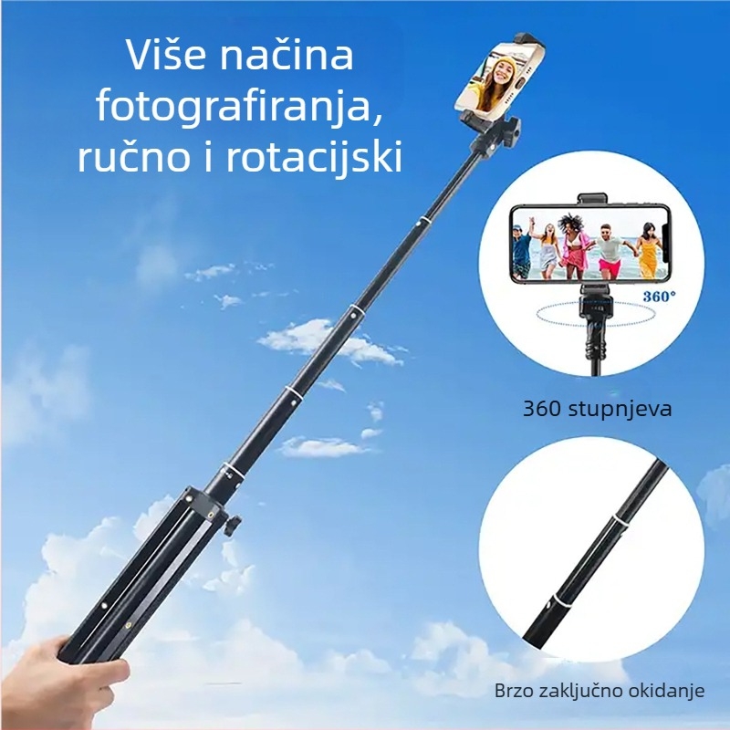 Stativ za pod za mobitel i tablet s rasvjetom za fotografiju (Materijal: aluminijska legura; Nosivost: do 2 kg; PTZ tip: trodimenzionalni gimbal; Broj sekcija: 5; Visina prilagodljiva)