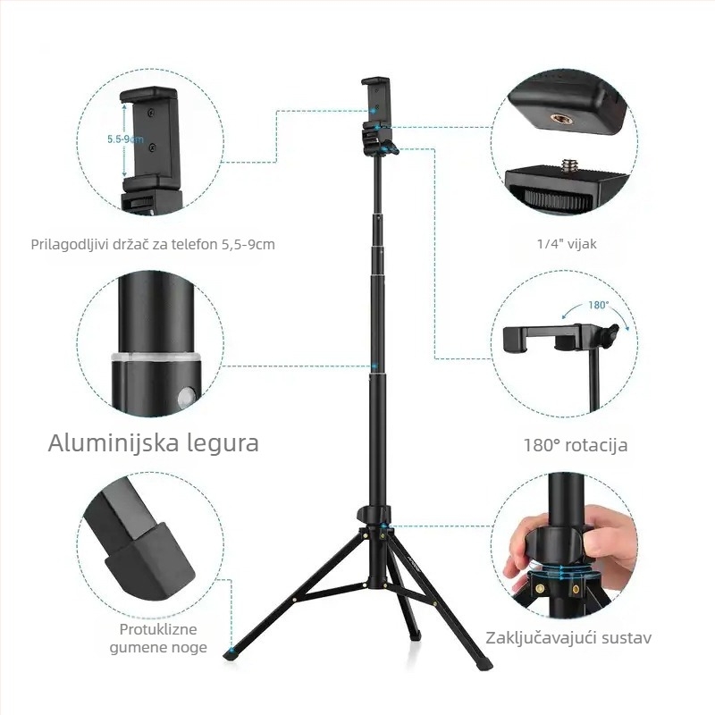 Stativ za pod za mobitel i tablet s rasvjetom za fotografiju (Materijal: aluminijska legura; Nosivost: do 2 kg; PTZ tip: trodimenzionalni gimbal; Broj sekcija: 5; Visina prilagodljiva)