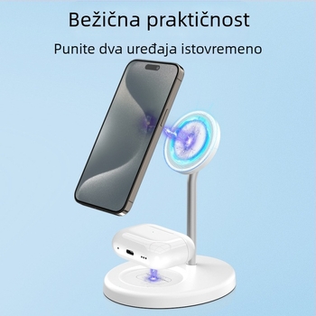 3-u-1 bežični punjač s magnetskom držačom od aluminijske legure za Apple, brzo punjenje QC3.0. Maksimalna snaga 15W, izlaz 2A, ukupna snaga 20W.