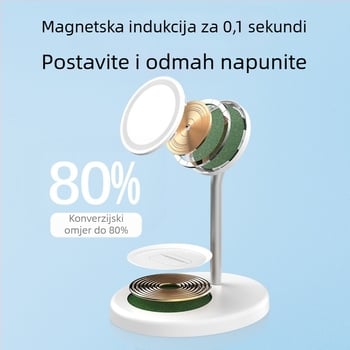 3-u-1 bežični punjač s magnetskom držačom od aluminijske legure za Apple, brzo punjenje QC3.0. Maksimalna snaga 15W, izlaz 2A, ukupna snaga 20W.