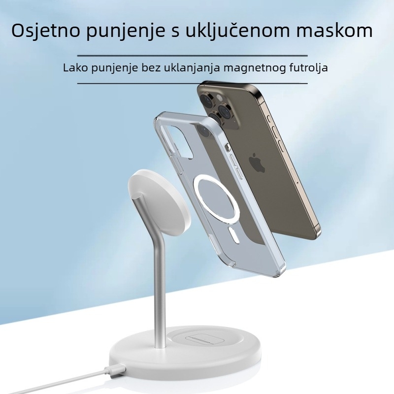 3-u-1 bežični punjač s magnetskom držačom od aluminijske legure za Apple, brzo punjenje QC3.0. Maksimalna snaga 15W, izlaz 2A, ukupna snaga 20W.