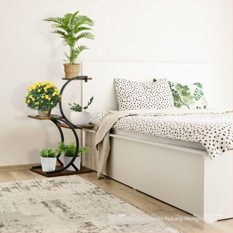 4-etažni unutarnji drveni stalak za biljke sa S-oblikom okvira | pomični | drvo/bambus