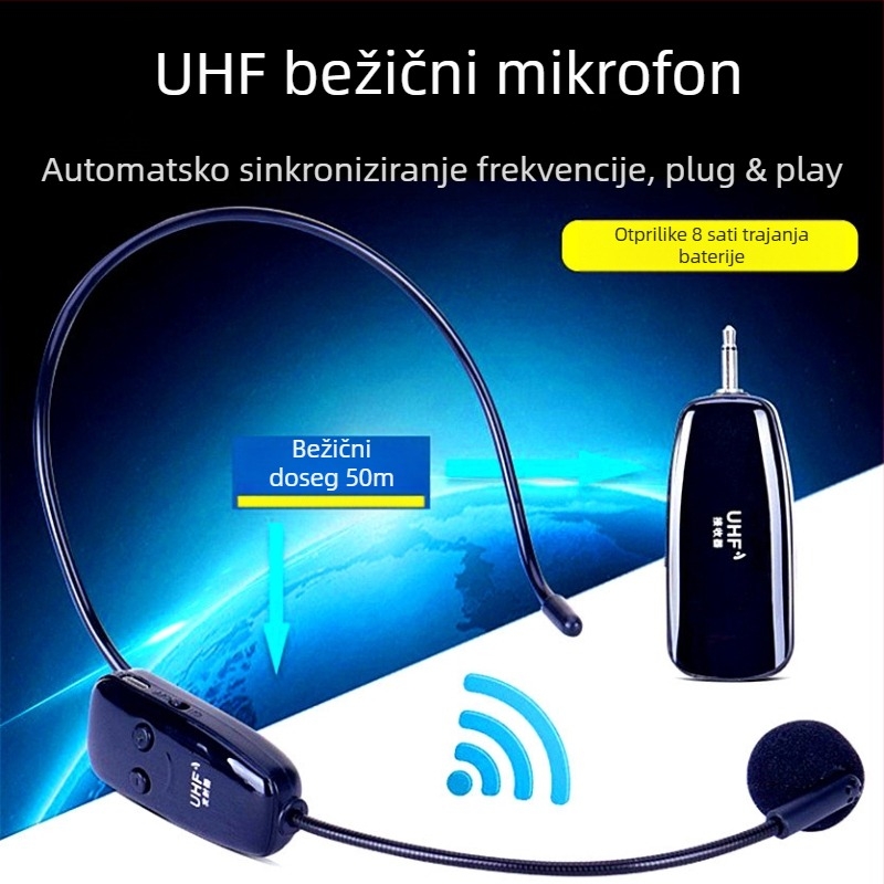 XYD02 UHF bežični headset mikrofon, sa superkardioidnim uzorkom, ugrađena baterija 300–500 mAh, trajanje baterije 3–6 sati