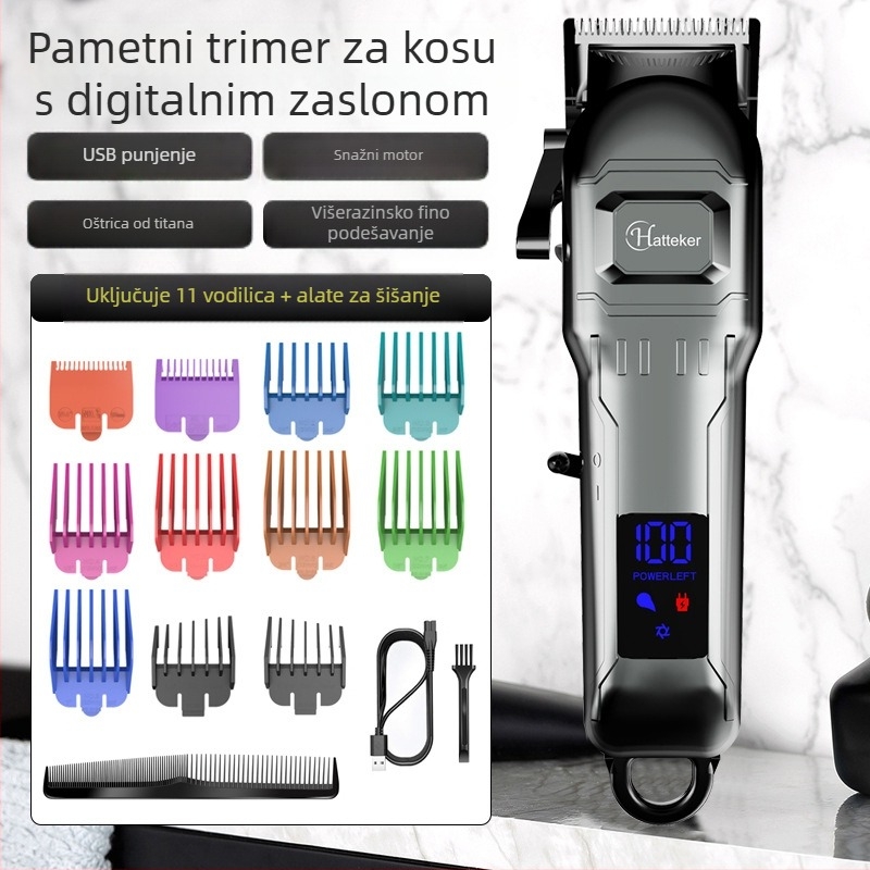 Električni stroj za šišanje kose s LCD zaslonom, oštrice od nehrđajućeg čelika, retro set za odrasle