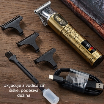 Električna mašinica za kosu s digitalnim zaslonom, četkasti motor, oštrice od nehrđajućeg čelika, vodootporno kućište, trajanje baterije 1–3 sata