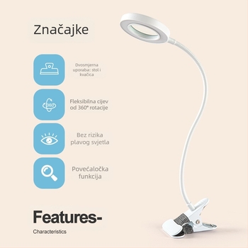Stolna lampa s 5x povećalom, USB napajanje, metalna stezaljka, 360° rotirajući fleksibilan vrat, trobojnim osvjetljenjem i 10 razina svjetline