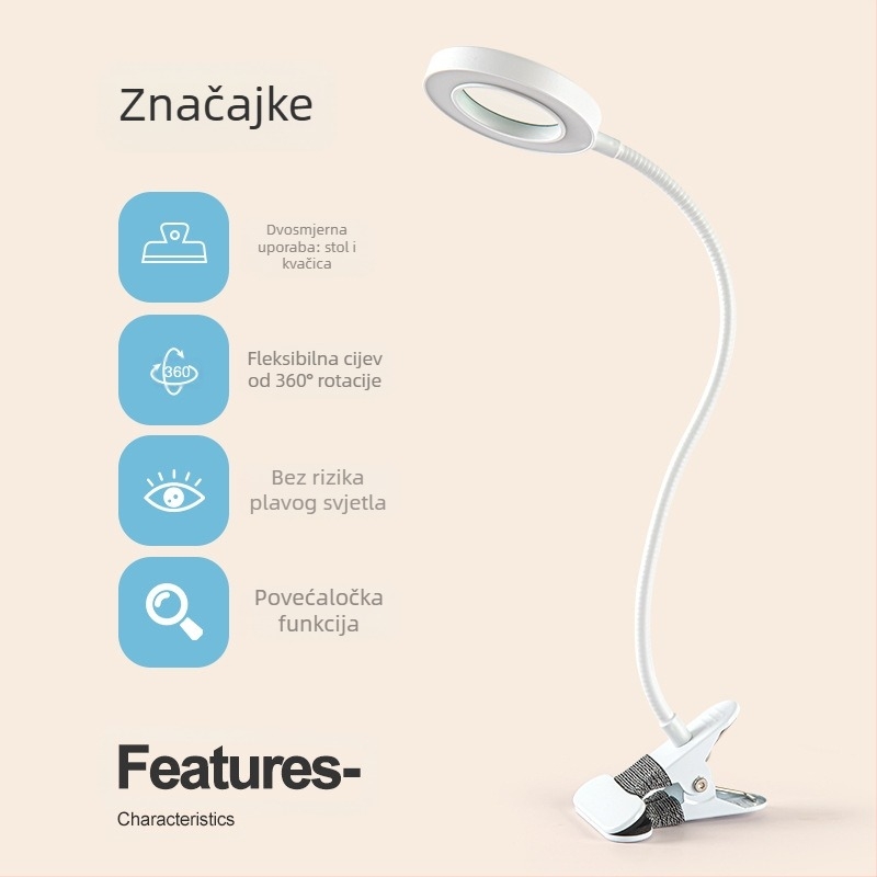 Stolna lampa s 5x povećalom, USB napajanje, metalna stezaljka, 360° rotirajući fleksibilan vrat, trobojnim osvjetljenjem i 10 razina svjetline
