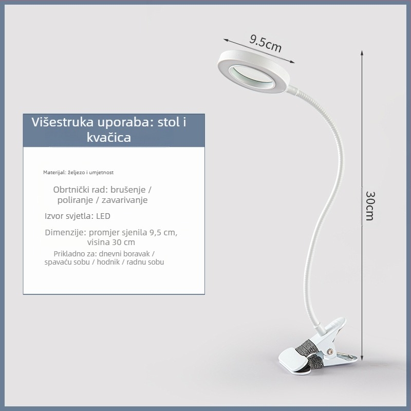 Stolna lampa s 5x povećalom, USB napajanje, metalna stezaljka, 360° rotirajući fleksibilan vrat, trobojnim osvjetljenjem i 10 razina svjetline