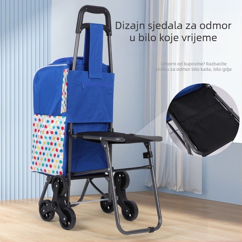 Sklopiva prijenosna kolica za kupovinu s taburetom, nosivost 60 kg, pokretna