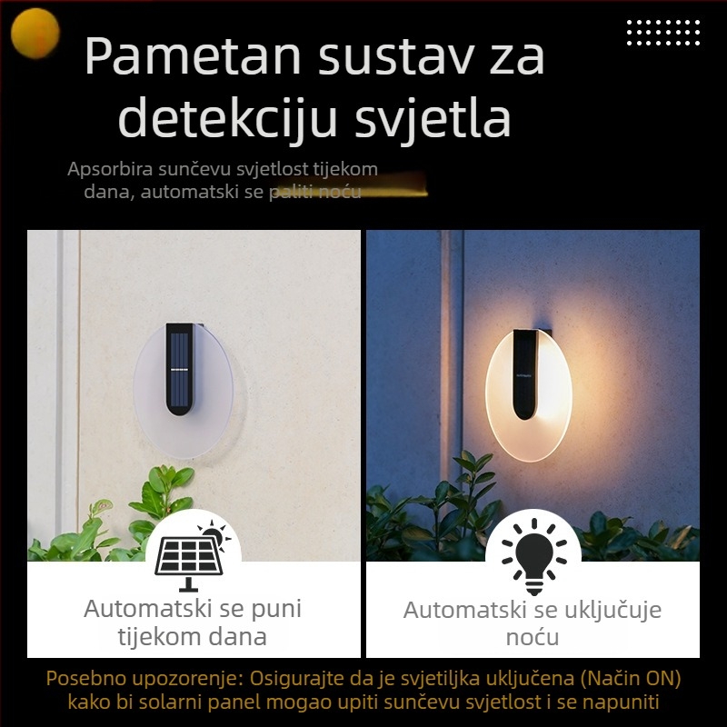 Ovalna akrilna vanjska zidna svjetiljka na solarnu energiju, vodootporna, LED 5W, ručni prekidač