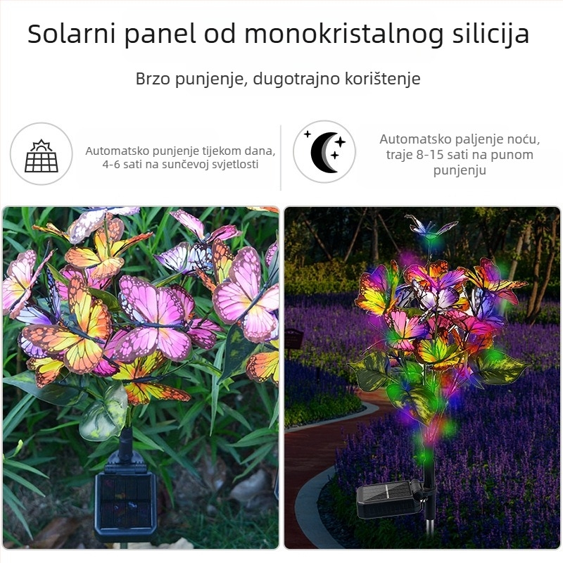 Solarna lampica za vrt s leptirskim cvijetom, ukop u zemlju, LED, IP65, 1W, 6–12h radnog vremena, oblik cvijeta